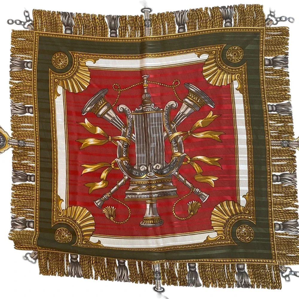 Equestrian Poste et Cavalerie Silk Poly Scarf Olive Green Red Gold‎ 34